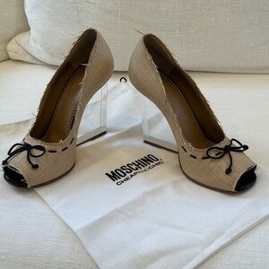 Moschino Beige and Black Peep-Toe Heels with Clear Block Heel